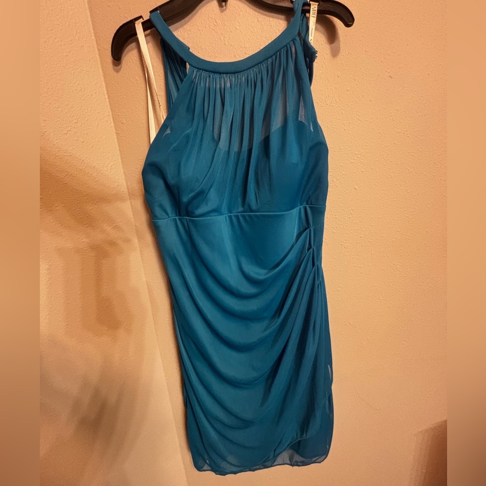 Blue Ruched Halter Mini Dress